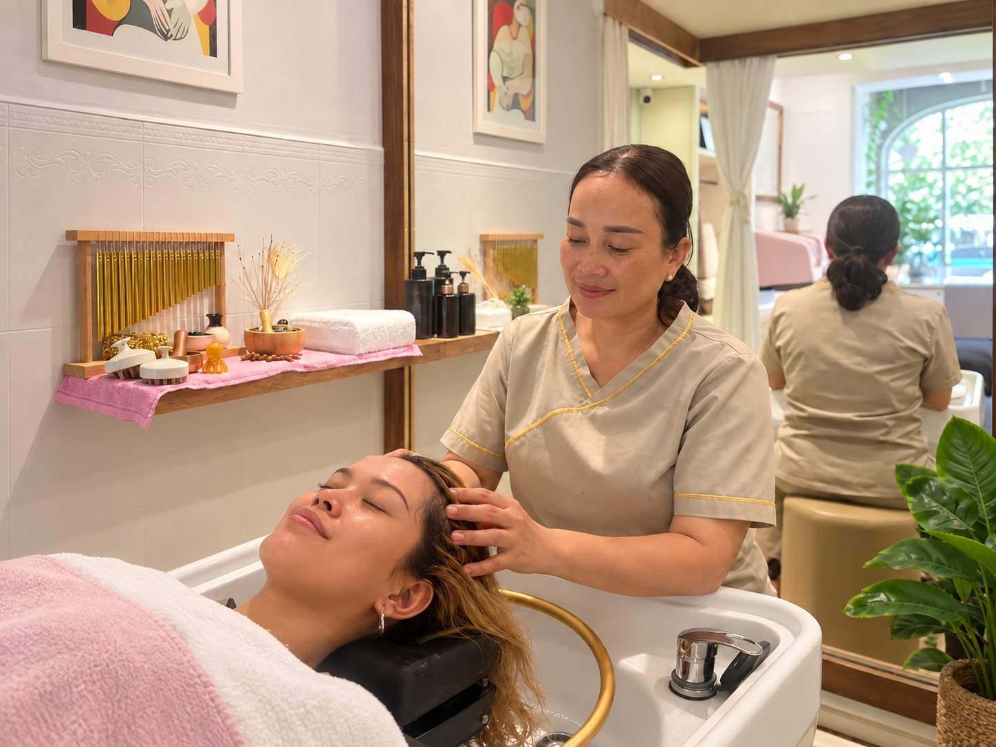 The smiling MOANA practitioner giving scalp massage to a relaxed client with closed eyes