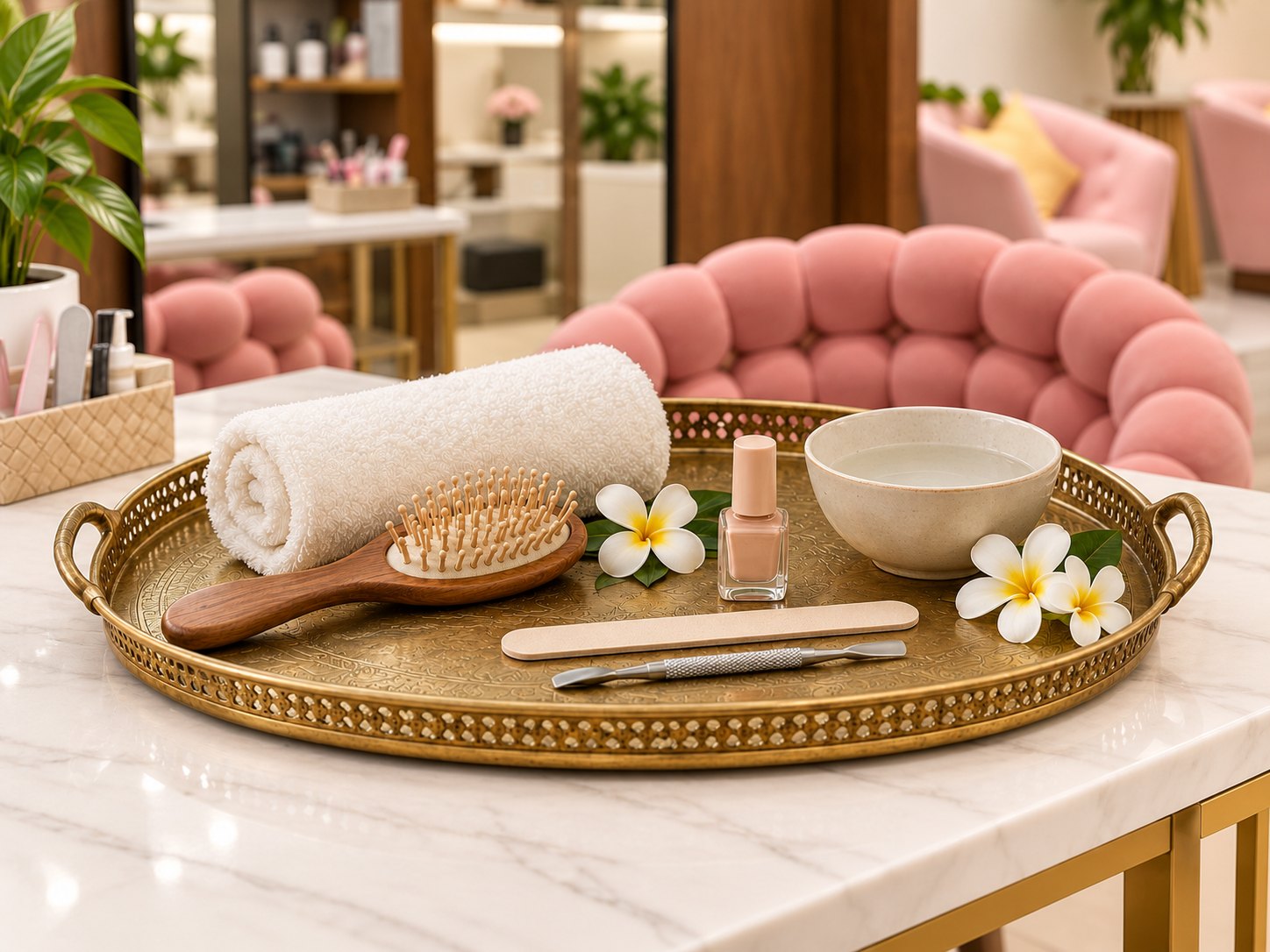 Hair brush, manicure tools, nail polish and ivory towel on a brass tray