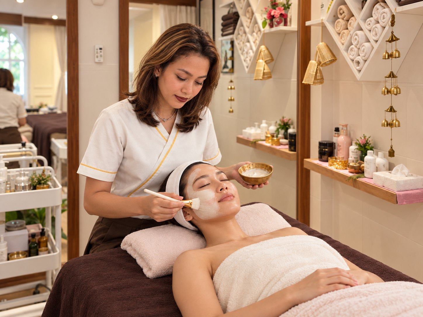A brightening mask being applied with a brush, a brass bowl in hand
