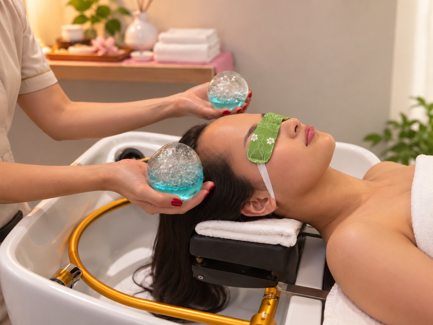 Glass tools beside the head during a relaxing ritual at the shampoo basin