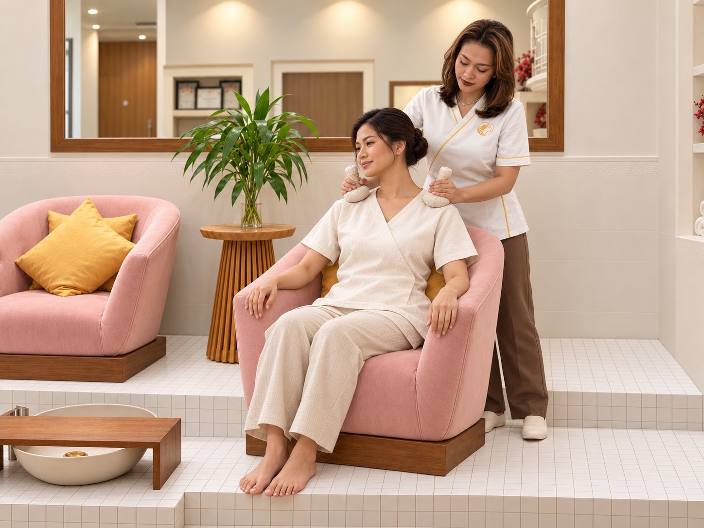 Herbal compresses placed on the shoulders of a seated client