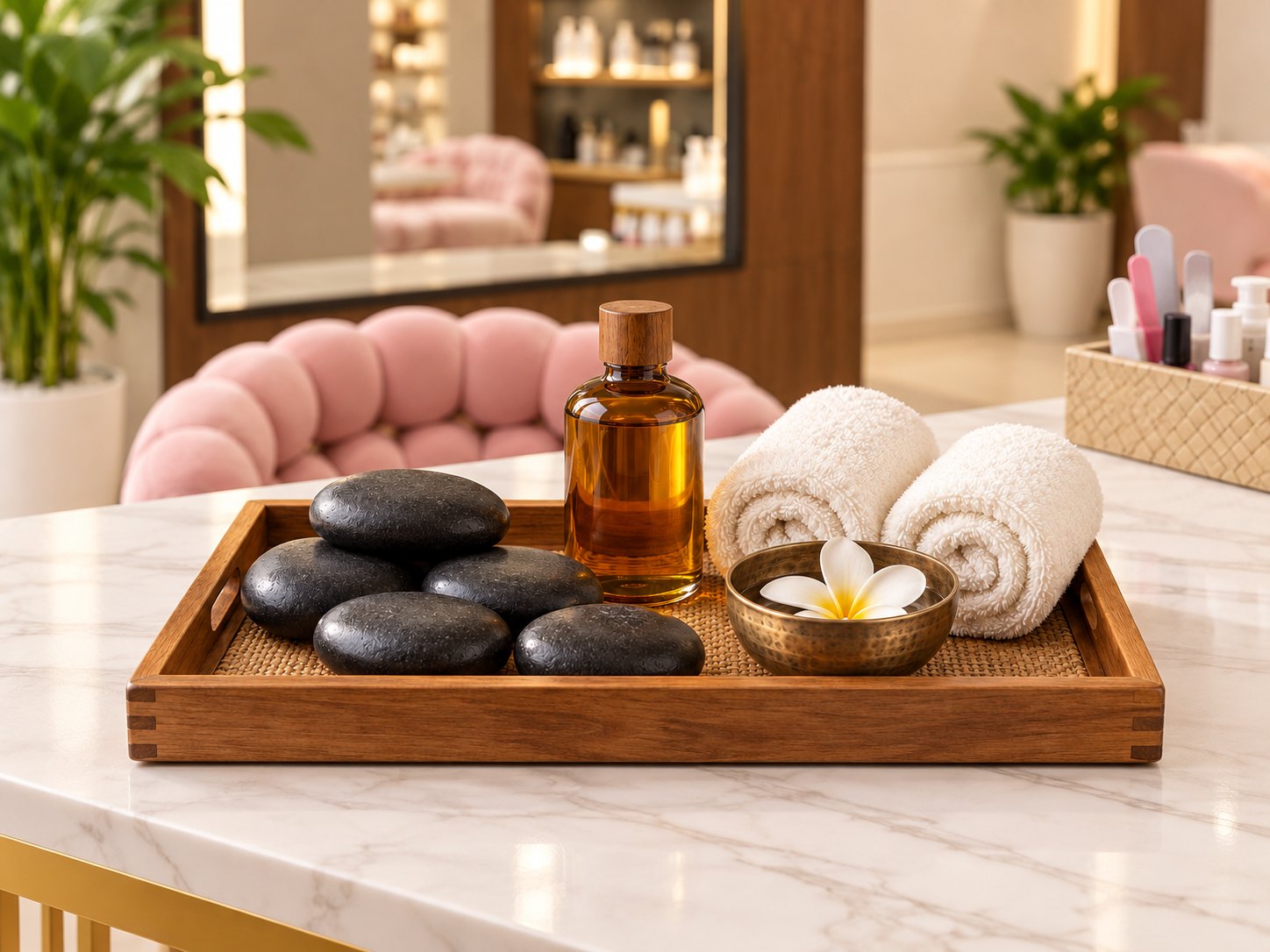 Basalt massage stones, massage oil and an ivory towel on a teak tray
