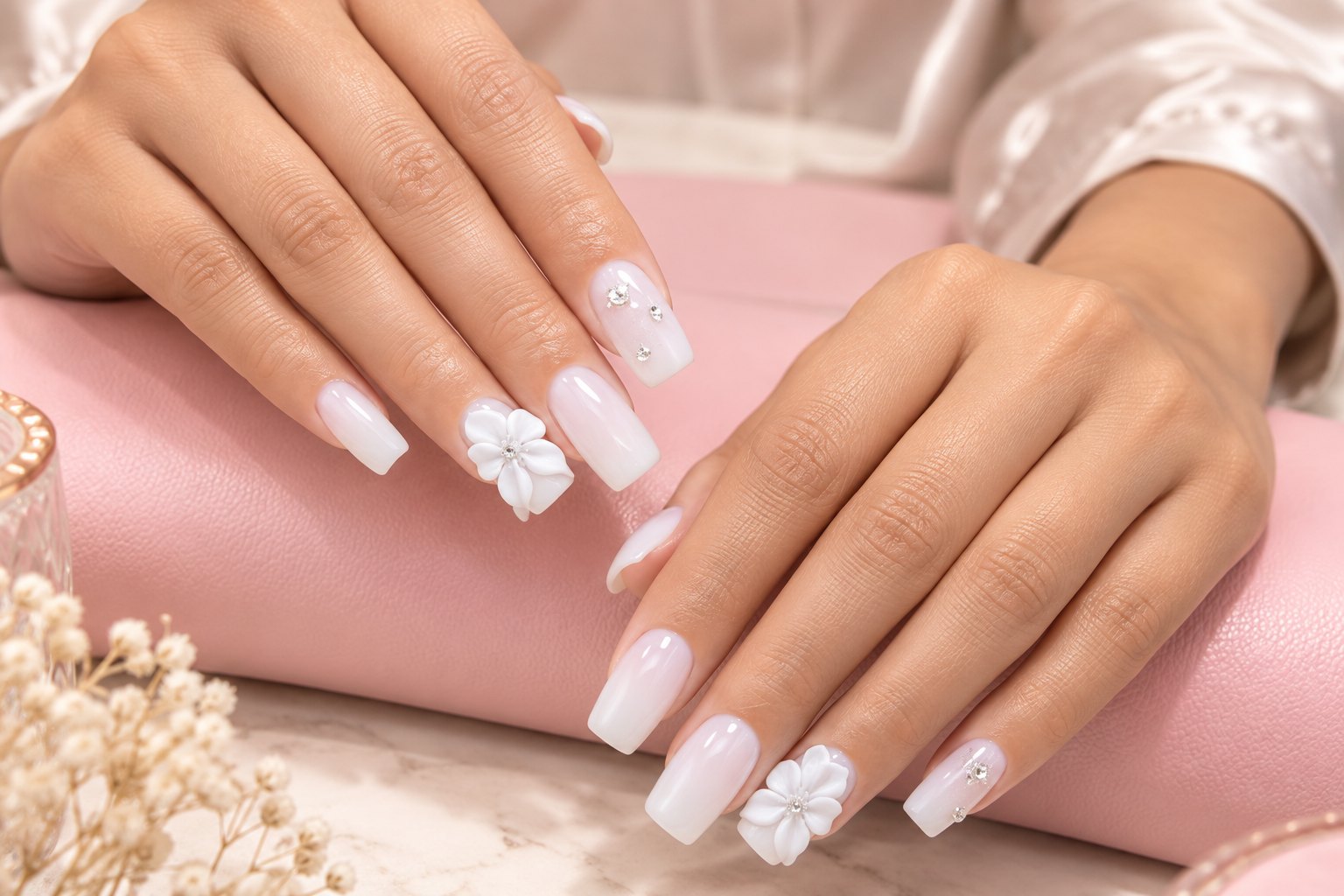 Pale pink and white nail art with delicate flower details